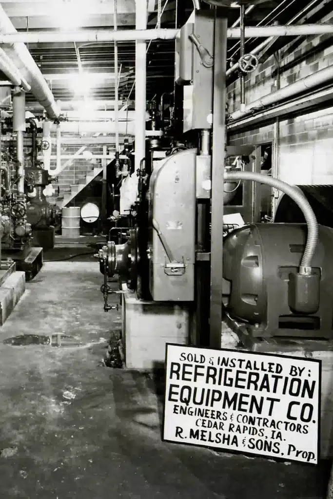 Vintage industrial refrigeration system installed by Refrigeration Equipment Co., Cedar Rapids, IA.