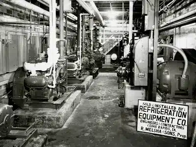 Interior view of an industrial refrigeration system installed by Refrigeration Equipment Co., Cedar Rapids, IA.